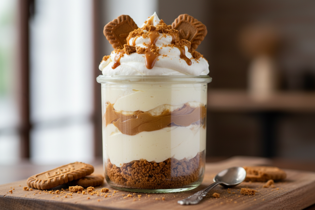 Biscoff cheesecake jar layered with Biscoff butter