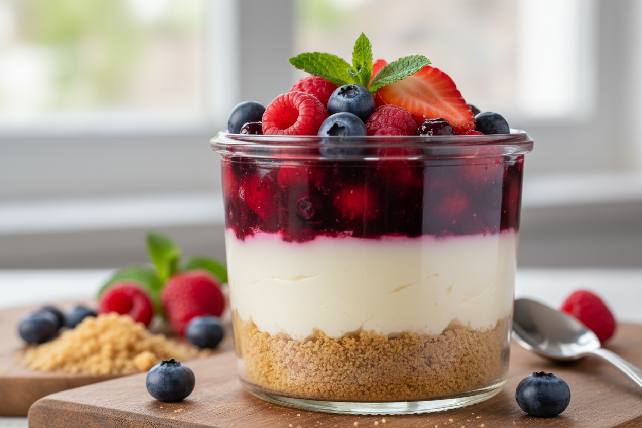 mixed berry cheesecake jar with layers